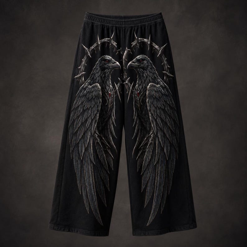 Veilkeeper wide-leg pants — facing ravens on the front